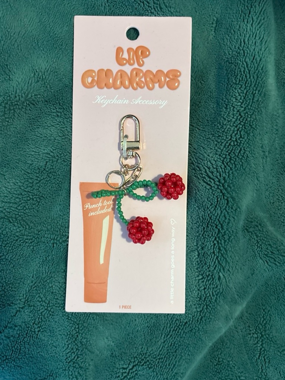 Studio Green and Red Beaded Cherry Keychain Charm